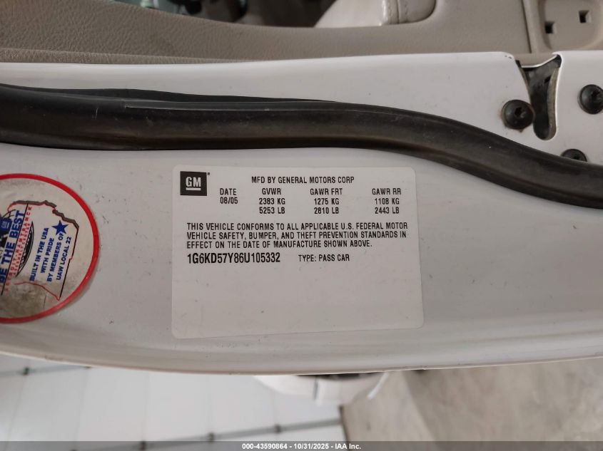 2006 Cadillac Dts Standard VIN: 1G6KD57Y86U105332 Lot: 43590864