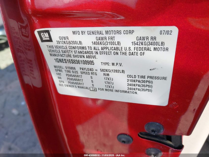 2003 Chevrolet Trailblazer Ext Lt VIN: 1GNES16S836100905 Lot: 43590918