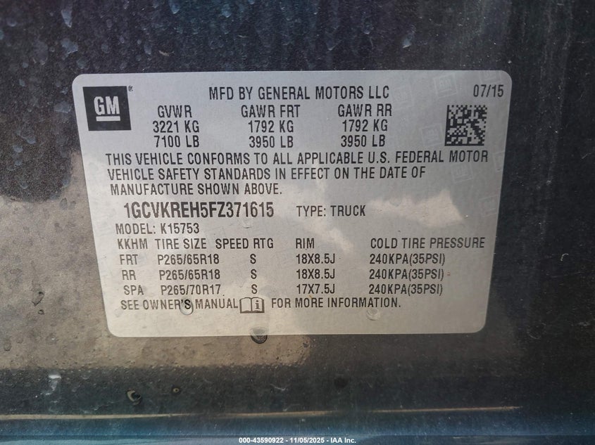 2015 CHEVROLET SILVERADO 1500 1LT 1GCVKREH5FZ371615