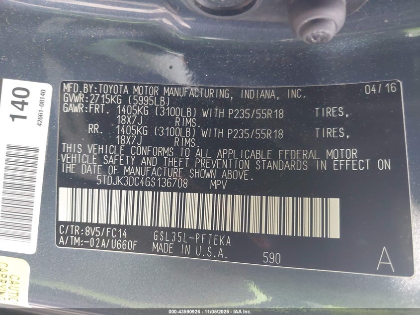 2016 TOYOTA SIENNA LE 7 PASSENGER 5TDJK3DC4GS136708