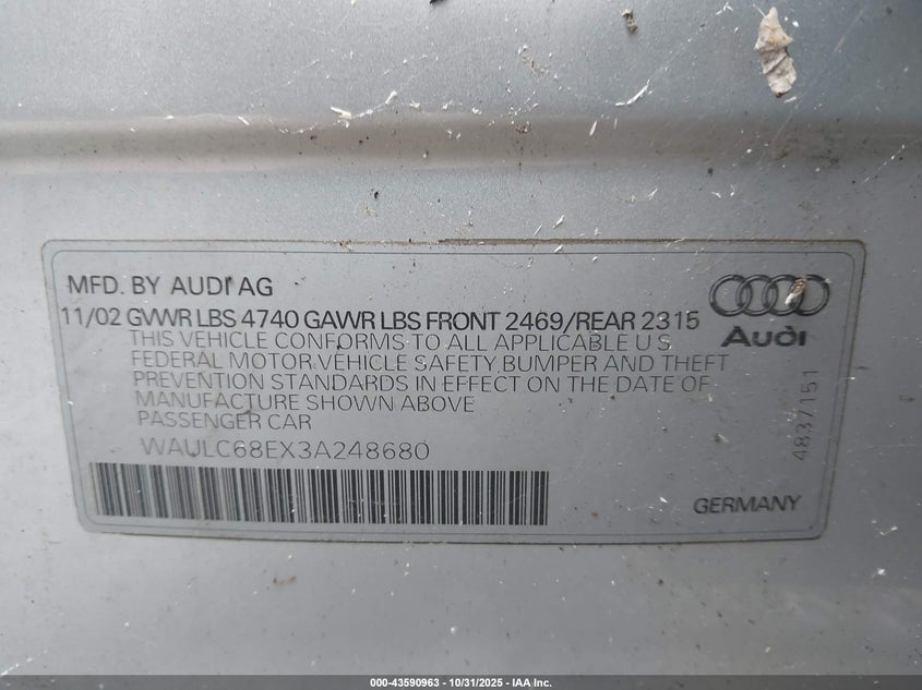 2003 Audi A4 1.8T VIN: WAULC68EX3A248680 Lot: 43590963