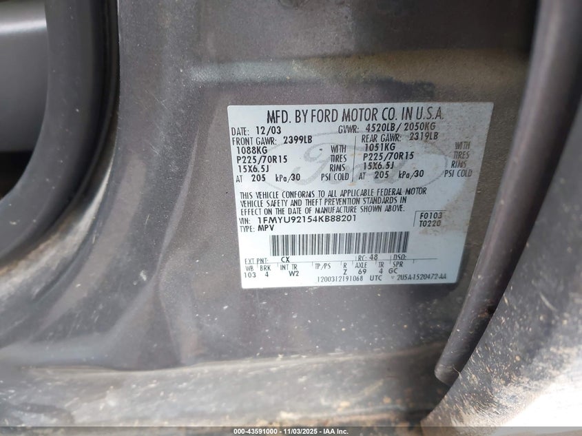 2004 Ford Escape Xls VIN: 1FMYU92154KB88201 Lot: 43591000