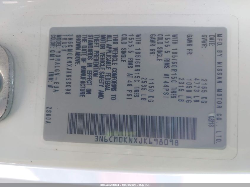 2018 Nissan Nv200 Sv VIN: 3N6CM0KNXJK698098 Lot: 43591004