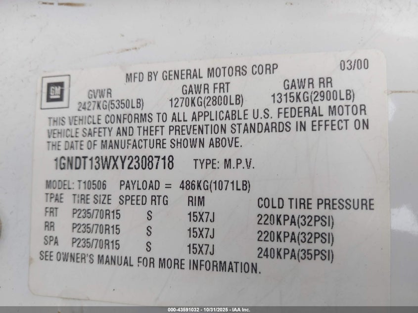 2000 Chevrolet Blazer Lt VIN: 1GNDT13WXY2308718 Lot: 43591032