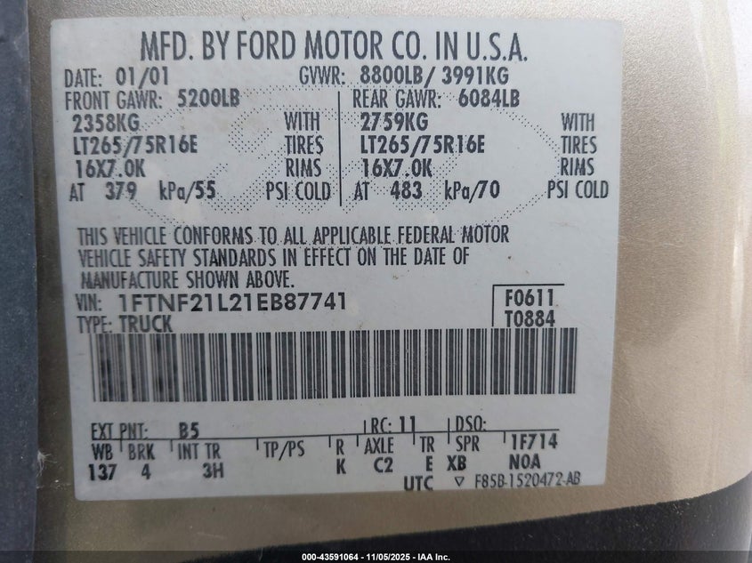 2001 Ford F-250 Xl/Xlt VIN: 1FTNF21L21EB87741 Lot: 43591064