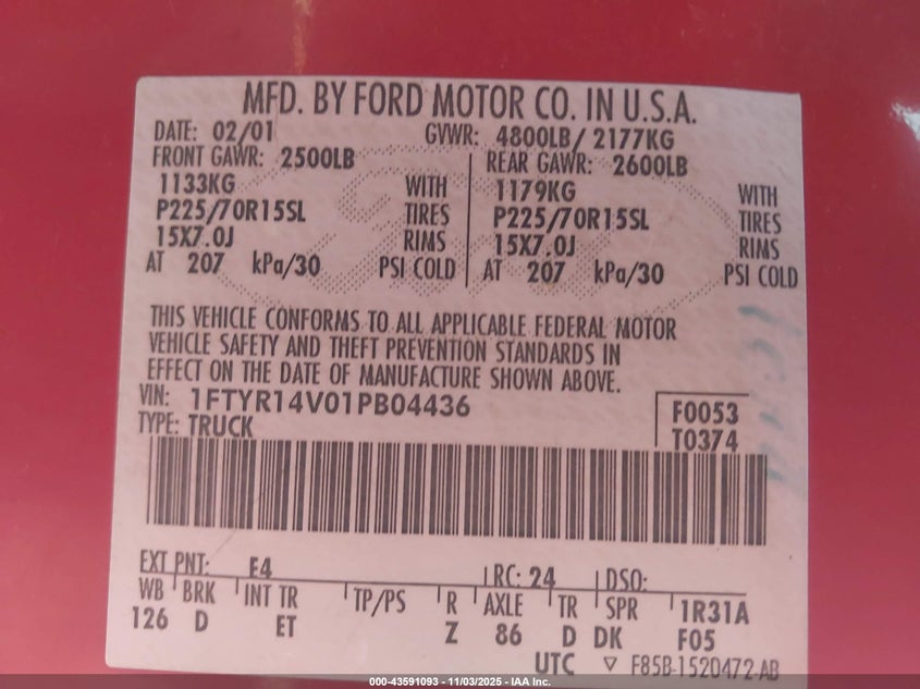 1FTYR14V01PB04436 2001 FORD RANGER photo no. 9