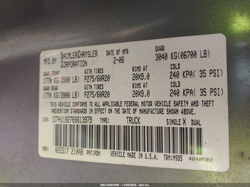 2006 Dodge Ram 1500 Slt/Trx4 Off Road/Sport VIN: 1D7HU18276S613979 Lot: 43591098