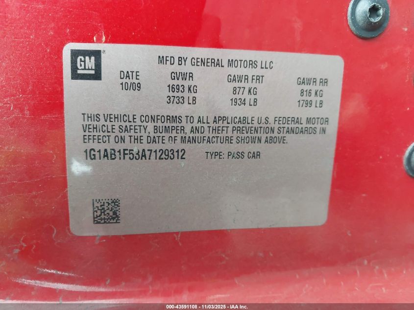 2010 Chevrolet Cobalt Ls VIN: 1G1AB1F53A7129312 Lot: 43591108