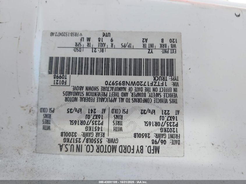 1998 Ford F-150 Standard/Xl/Xlt VIN: 1FTZF1720WNB95970 Lot: 43591109