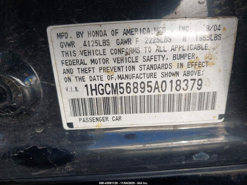 2005 Honda Accord 2.4 Ex VIN: 1HGCM56895A018379 Lot: 43591128