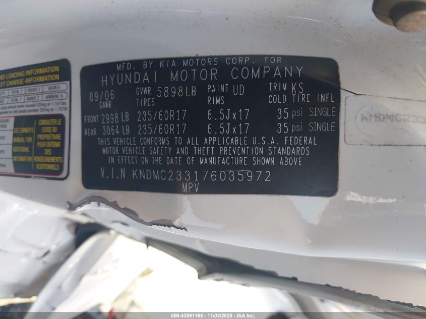 2007 Hyundai Entourage Gls/Limited/Se VIN: KNDMC233176035972 Lot: 43591165