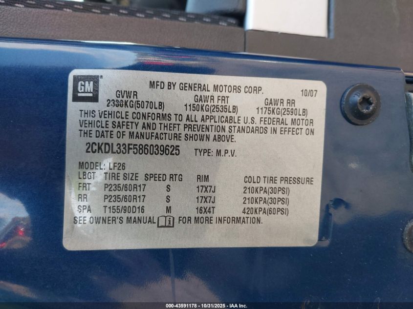 2008 Pontiac Torrent VIN: 2CKDL33F586039625 Lot: 43591178