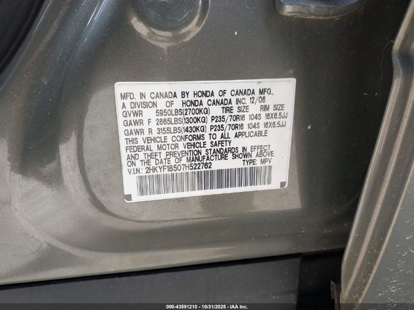 2007 Honda Pilot Ex-L VIN: 2HKYF18507H522762 Lot: 43591210