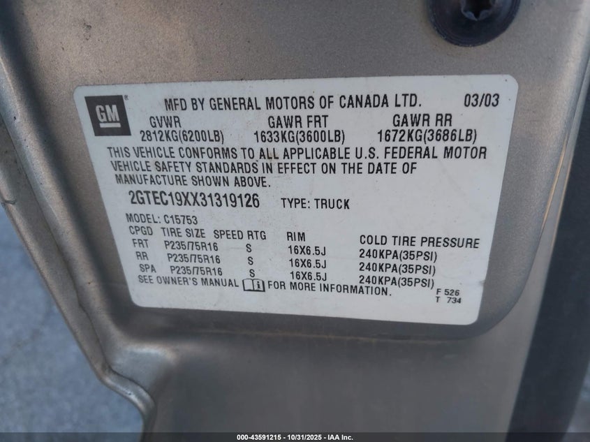 2003 GMC Sierra 1500 Work Truck VIN: 2GTEC19XX31319126 Lot: 43591215