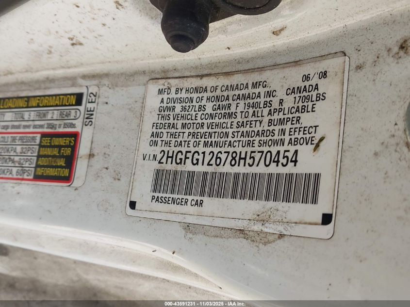 2008 Honda Civic Lx VIN: 2HGFG12678H570454 Lot: 43591231