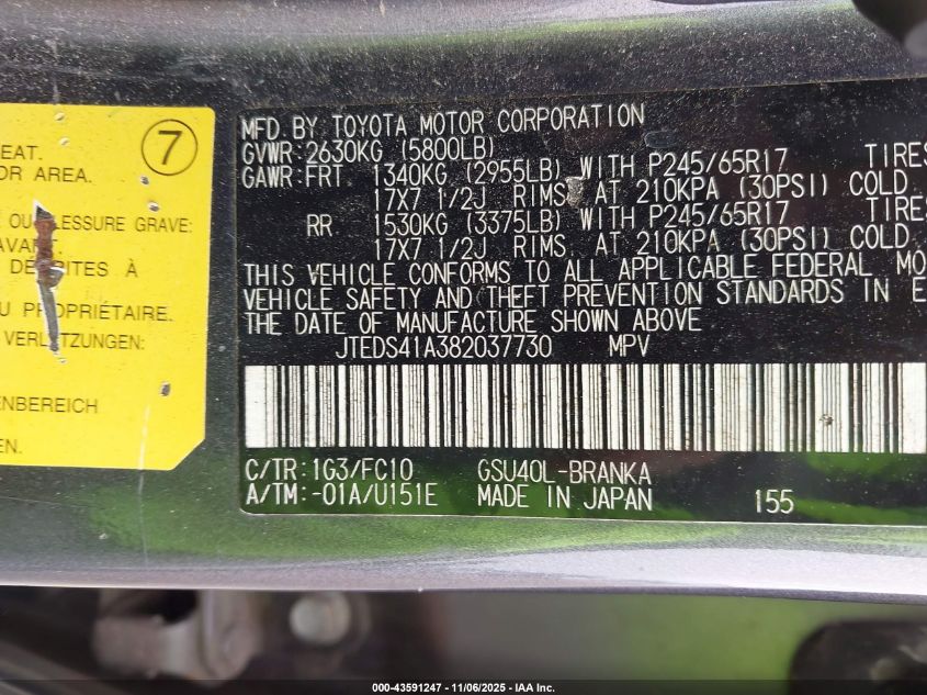 2008 Toyota Highlander VIN: JTEDS41A382037730 Lot: 43591247