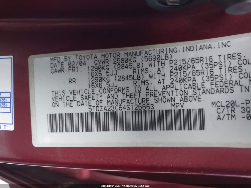 5TDZA23C64S126663 2004 TOYOTA SIENNA photo no. 9
