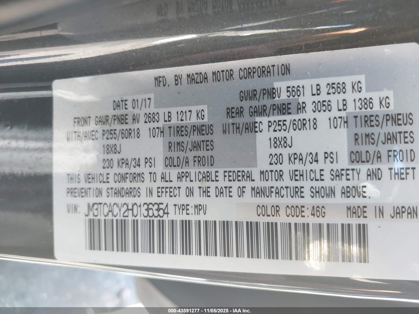 2017 Mazda Cx-9 Touring VIN: JM3TCACY2H0136354 Lot: 43591277