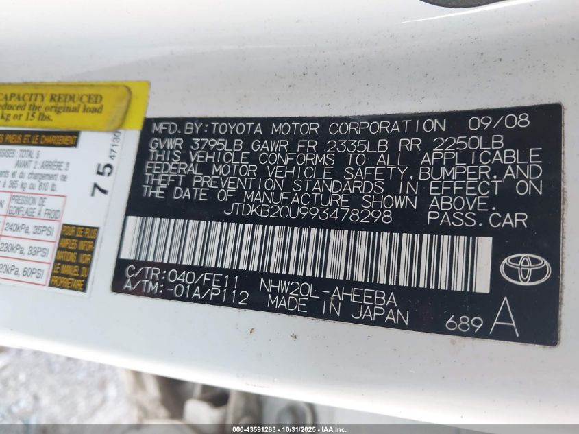 2009 Toyota Prius VIN: JTDKB20U993478298 Lot: 43591283