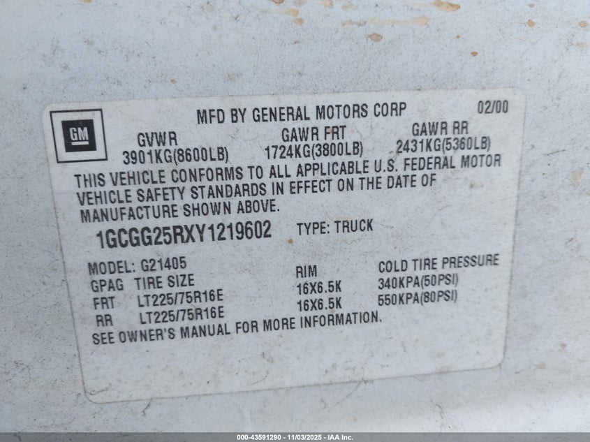 2000 Chevrolet Express VIN: 1GCGG25RXY1219602 Lot: 43591290