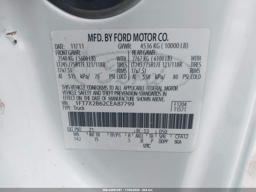 2012 Ford F-250 Xl VIN: 1FT7X2B62CEA87799 Lot: 43591297