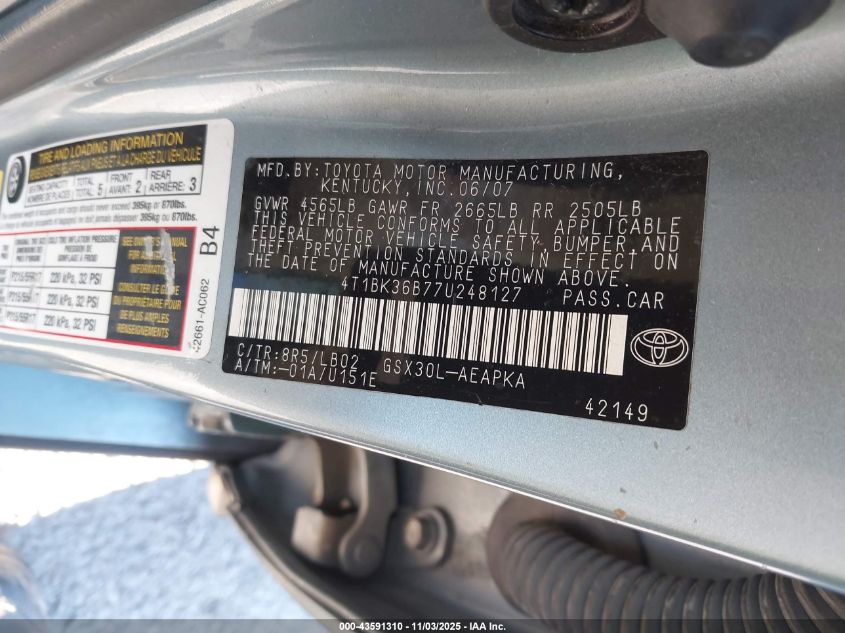 2007 Toyota Avalon Limited VIN: 4T1BK36B77U248127 Lot: 43591310