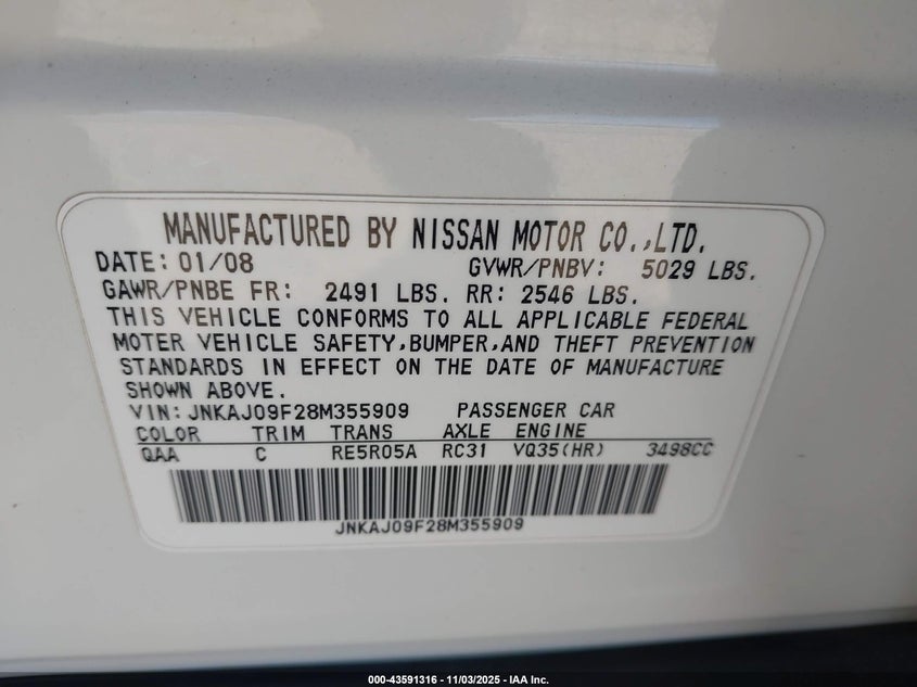 2008 Infiniti Ex35 Journey VIN: JNKAJ09F28M355909 Lot: 43591316