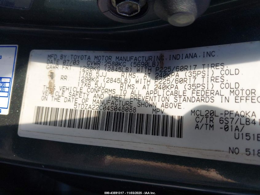 2004 Toyota Sienna Xle VIN: 5TDZA22C04S048088 Lot: 43591317