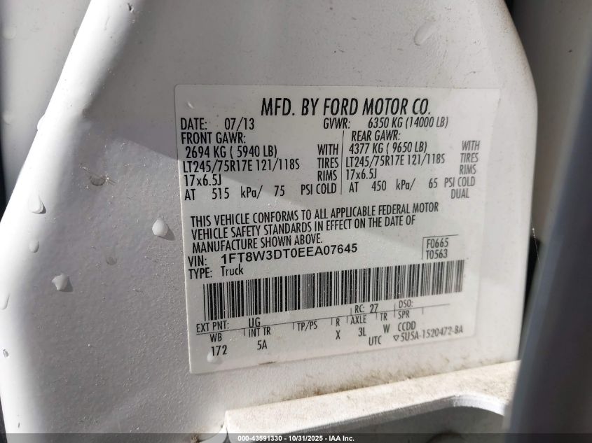 2014 Ford F-350 Lariat VIN: 1FT8W3DT0EEA07645 Lot: 43591330