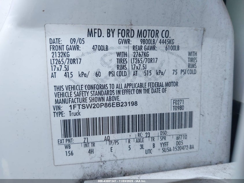 2006 Ford F-250 Lariat/Xl/Xlt VIN: 1FTSW20P86EB23198 Lot: 43591341