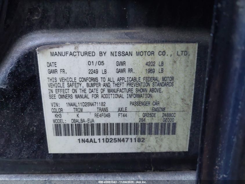 2005 Nissan Altima 2.5 S VIN: 1N4AL11D25N471182 Lot: 43591343