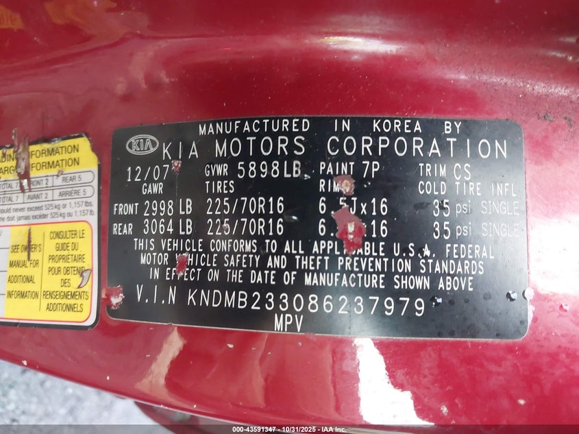 2008 Kia Sedona Lx VIN: KNDMB233086237979 Lot: 43591347