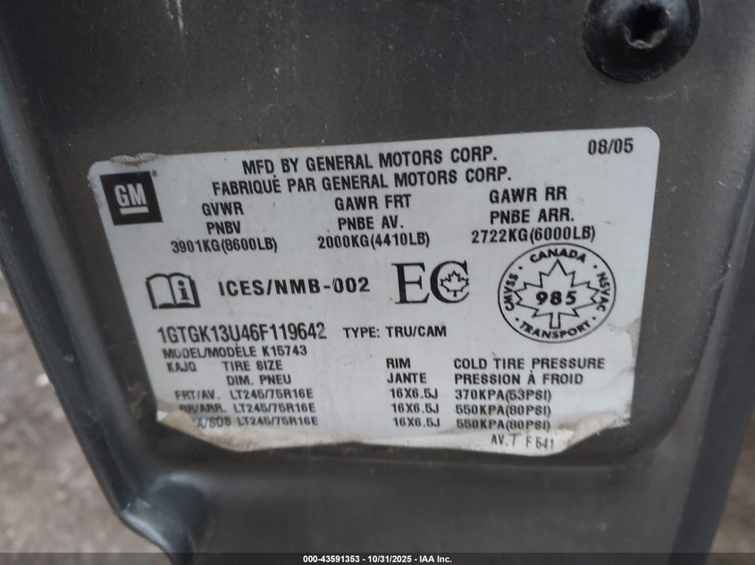 2006 GMC Sierra 1500Hd Sle1/Sle2/Slt VIN: 1GTGK13U46F119642 Lot: 43591353