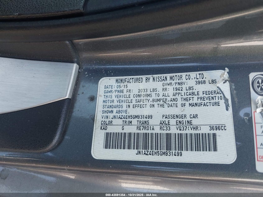 2016 Nissan 370Z VIN: JN1AZ4EH5GM931499 Lot: 43591354