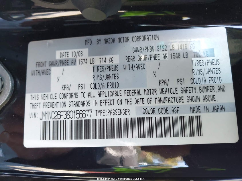 2008 Mazda Mx-5 Touring VIN: JM1NC26F380156677 Lot: 43591356