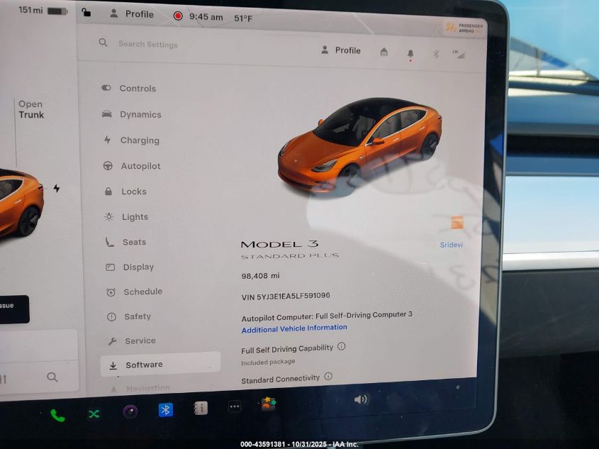 2020 Tesla Model 3 Standard Range Plus Rear-Wheel Drive/Standard Range Rear-Wheel Drive VIN: 5YJ3E1EA5LF591096 Lot: 43591381