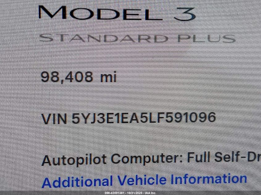 2020 Tesla Model 3 Standard Range Plus Rear-Wheel Drive/Standard Range Rear-Wheel Drive VIN: 5YJ3E1EA5LF591096 Lot: 43591381