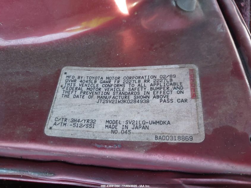 1989 Toyota Camry Dlx VIN: JT2SV21W3K0284938 Lot: 43591384