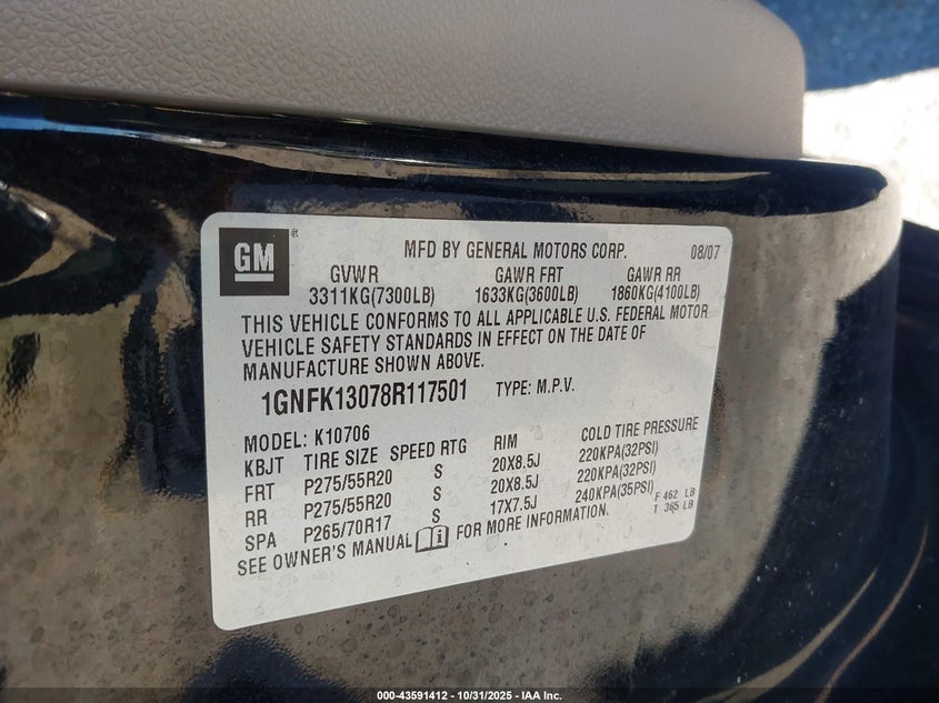 2008 Chevrolet Tahoe Ltz VIN: 1GNFK13078R117501 Lot: 43591412