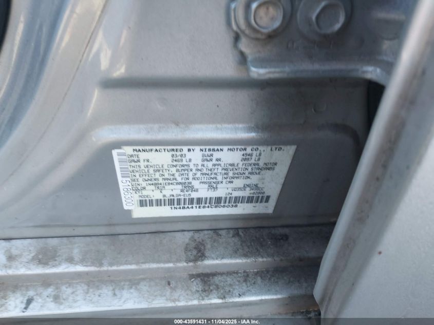 2004 Nissan Maxima 3.5 Sl VIN: 1N4BA41E84C806038 Lot: 43591431