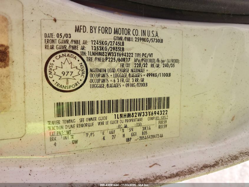 2003 Lincoln Town Car Signature VIN: 1LNHM82W33Y694322 Lot: 43591444