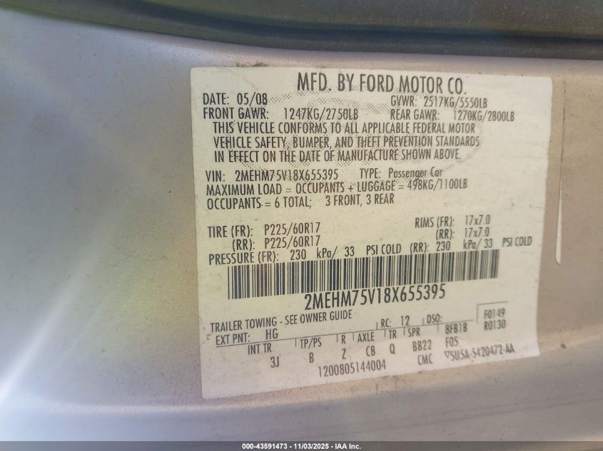 2008 Mercury Grand Marquis Ls VIN: 2MEHM75V18X655395 Lot: 43591473