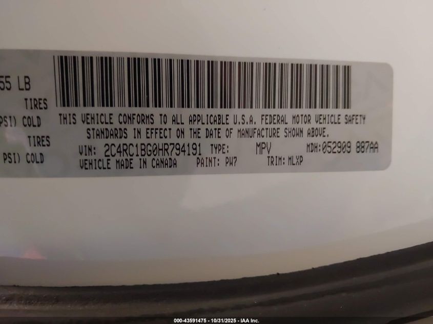 2017 Chrysler Pacifica Touring-L VIN: 2C4RC1BG0HR794191 Lot: 43591475