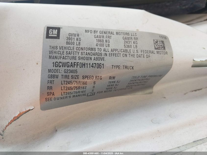 2017 Chevrolet Express 2500 Work Van VIN: 1GCWGAFF0H1147061 Lot: 43591485