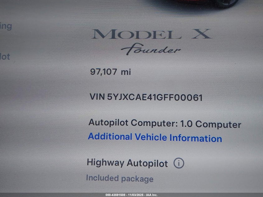 2016 Tesla Model X 60D/P100D/P90D VIN: 5YJXCAE41GFF00061 Lot: 43591508