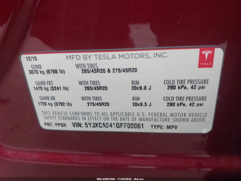 2016 Tesla Model X 60D/P100D/P90D VIN: 5YJXCAE41GFF00061 Lot: 43591508
