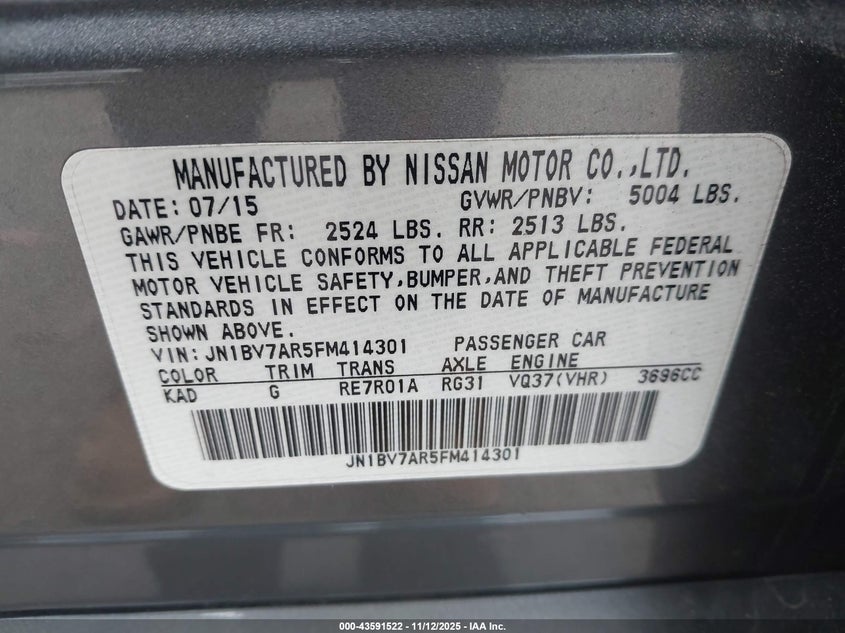 2015 Infiniti Q50 Premium VIN: JN1BV7AR5FM414301 Lot: 43591522