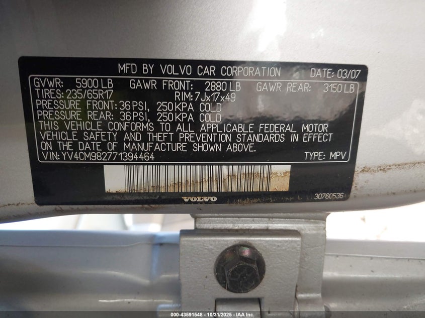 2007 Volvo Xc90 3.2 VIN: YV4CM982771394464 Lot: 43591548
