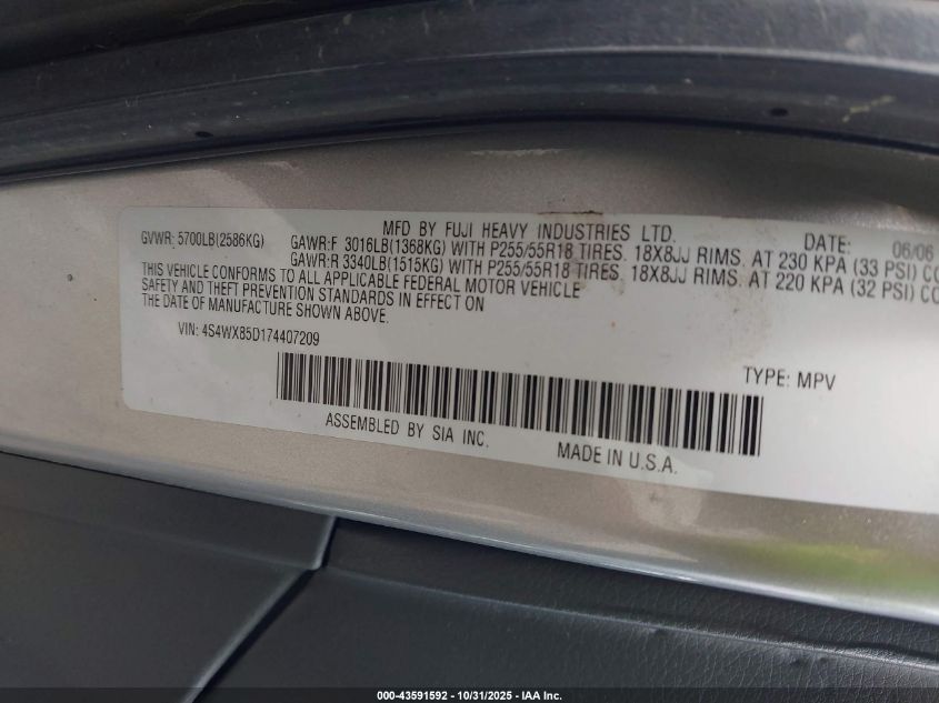 2007 Subaru B9 Tribeca Base 7-Passenger VIN: 4S4WX85D174407209 Lot: 43591592