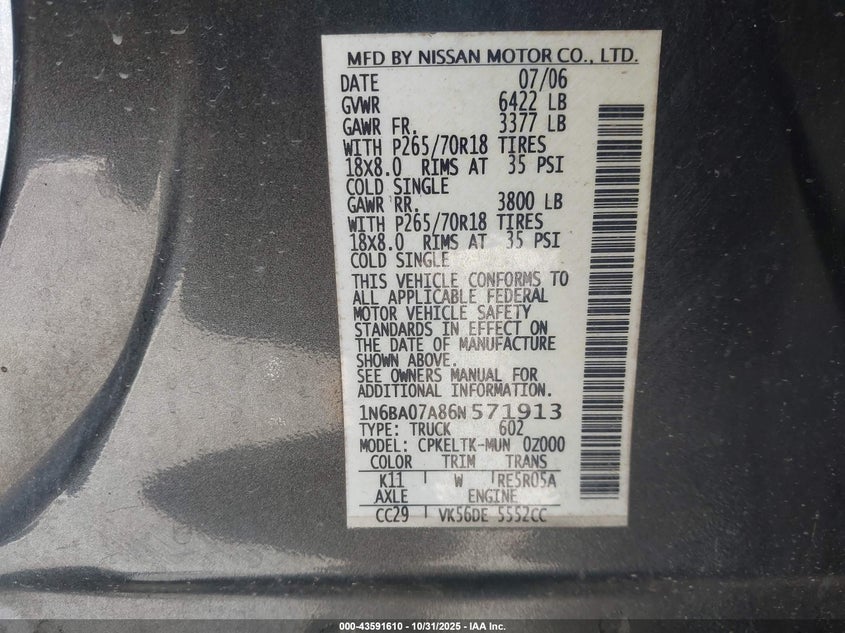 2006 Nissan Titan Se VIN: 1N6BA07A86N571913 Lot: 43591610